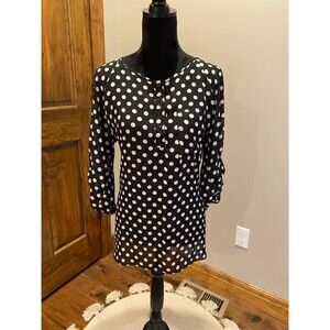 Massini Blouse Plus Size XL Top Sheer 3/4 Sleeve Black & White Polka Dot